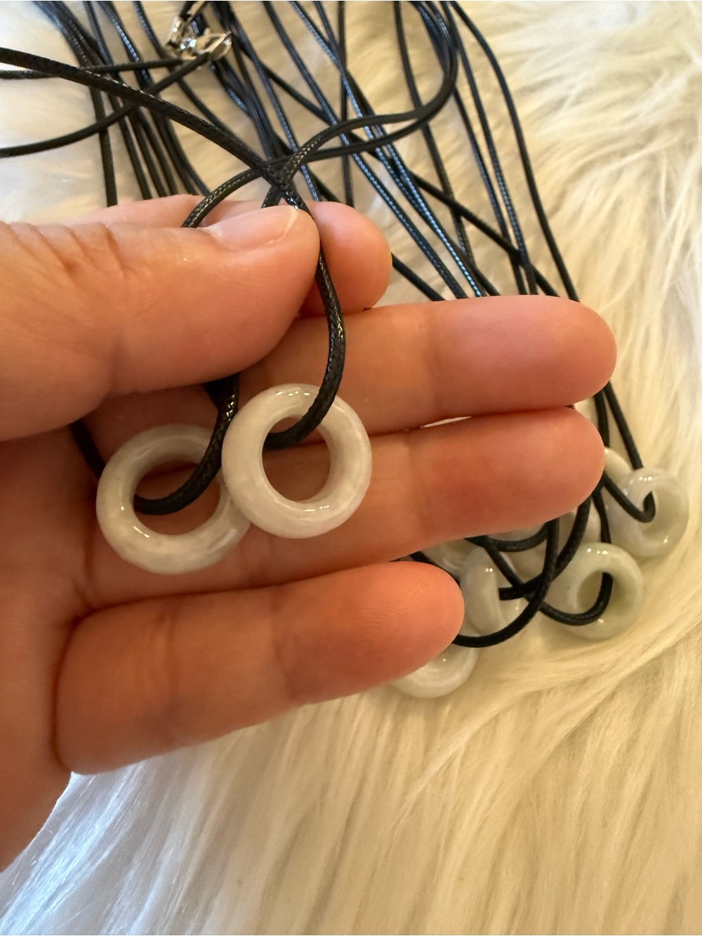 White Jade Ring Pendant Necklace on Black Cord